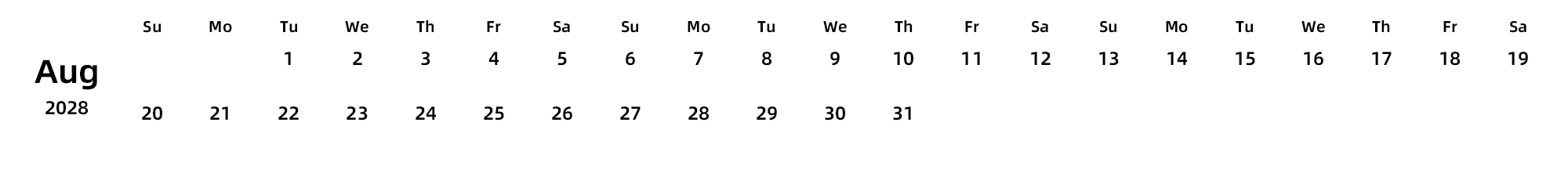 英文版 周日开始 带节假日调休安排