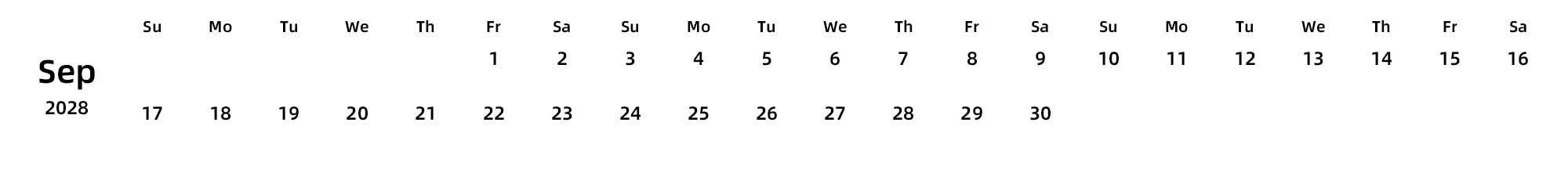 英文版 周日开始 带节假日调休安排