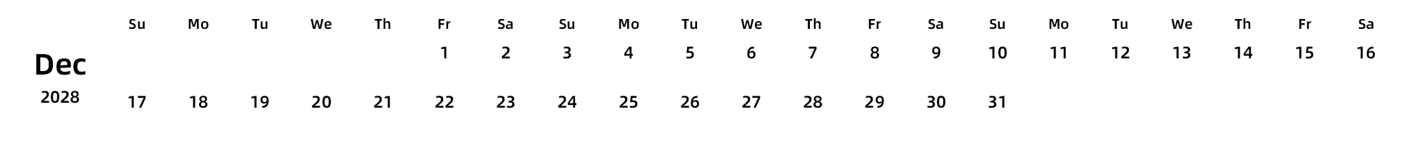 英文版 周日开始 带节假日调休安排