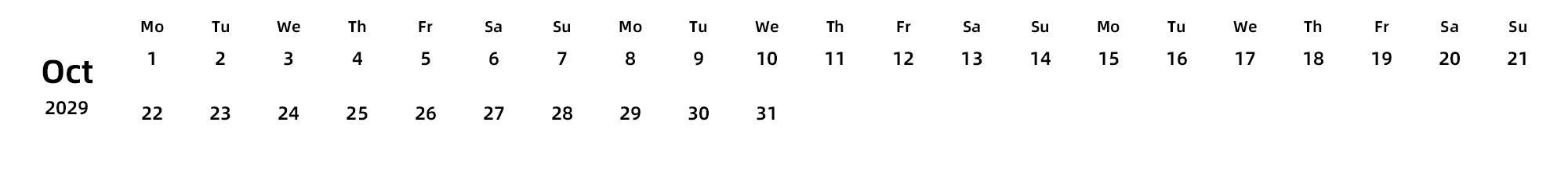 英文版 周一开始 带节假日调休安排