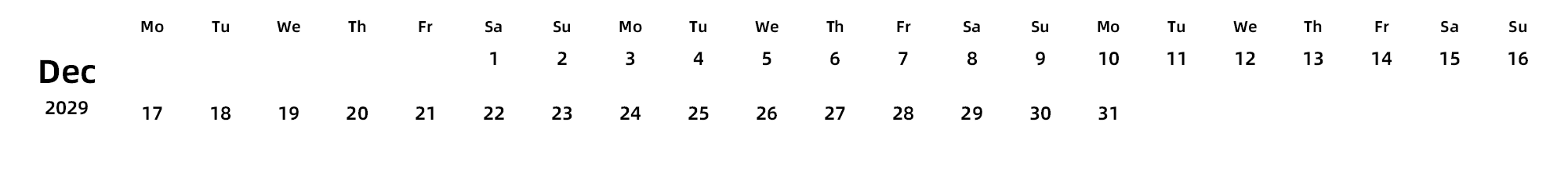 英文版 周一开始 带节假日调休安排