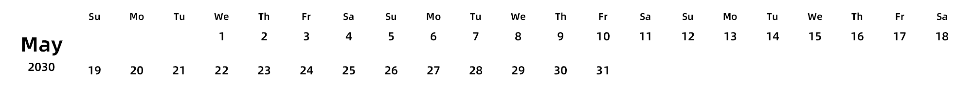 英文版 周日开始 带节假日调休安排