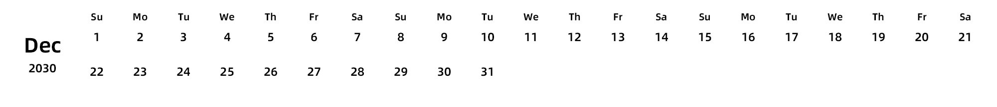 英文版 周日开始 带节假日调休安排
