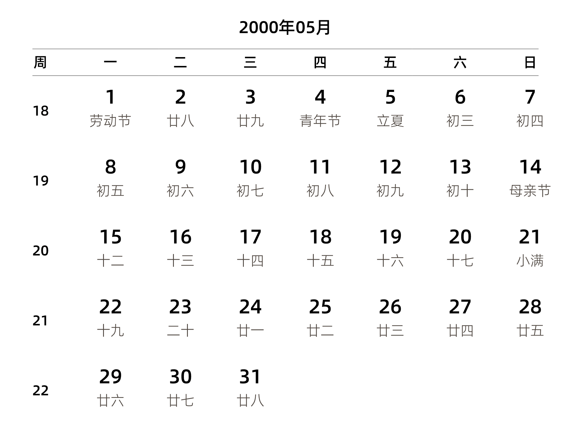 中文版 周一开始 带周数 带农历