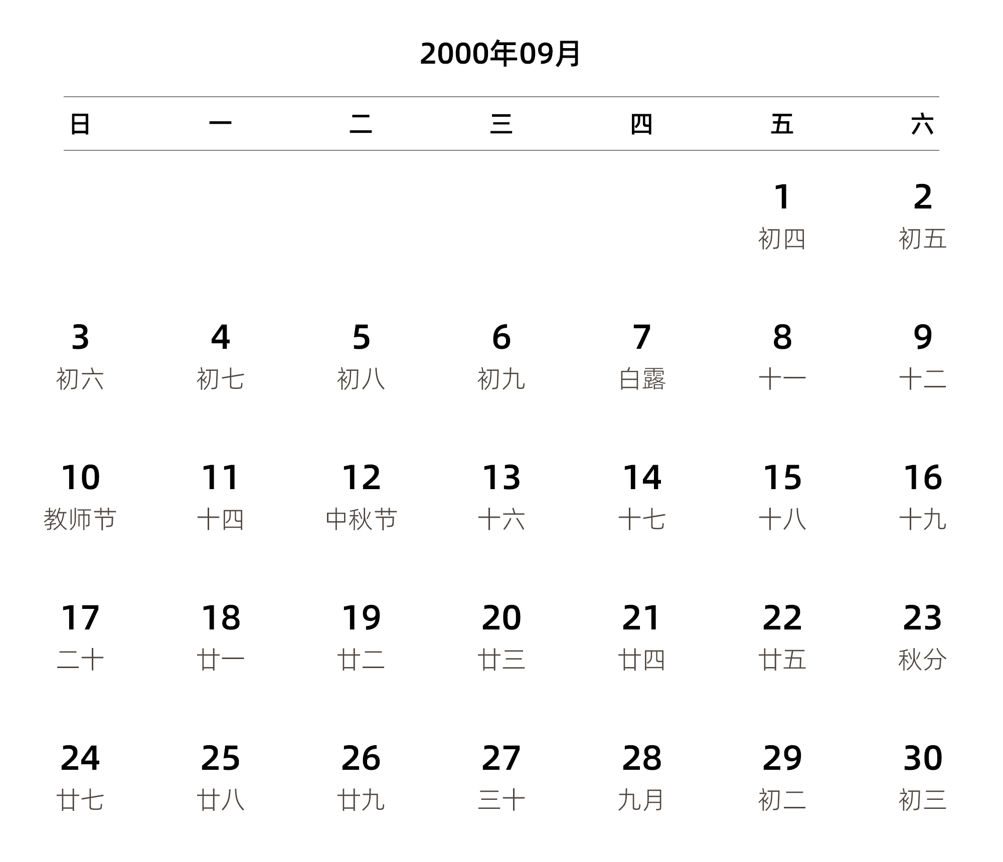 中文版 周日开始 带农历