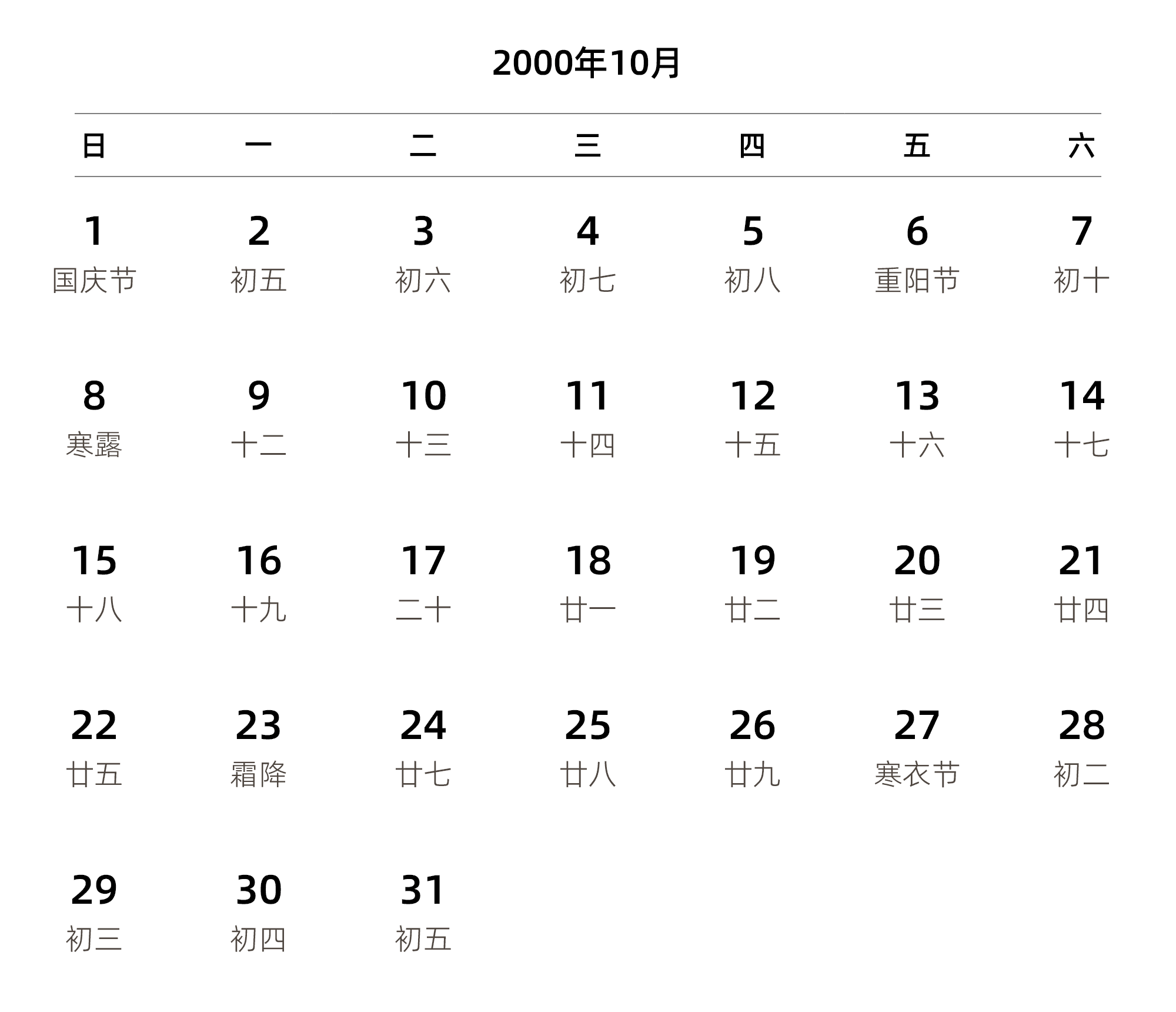 中文版 周日开始 带农历