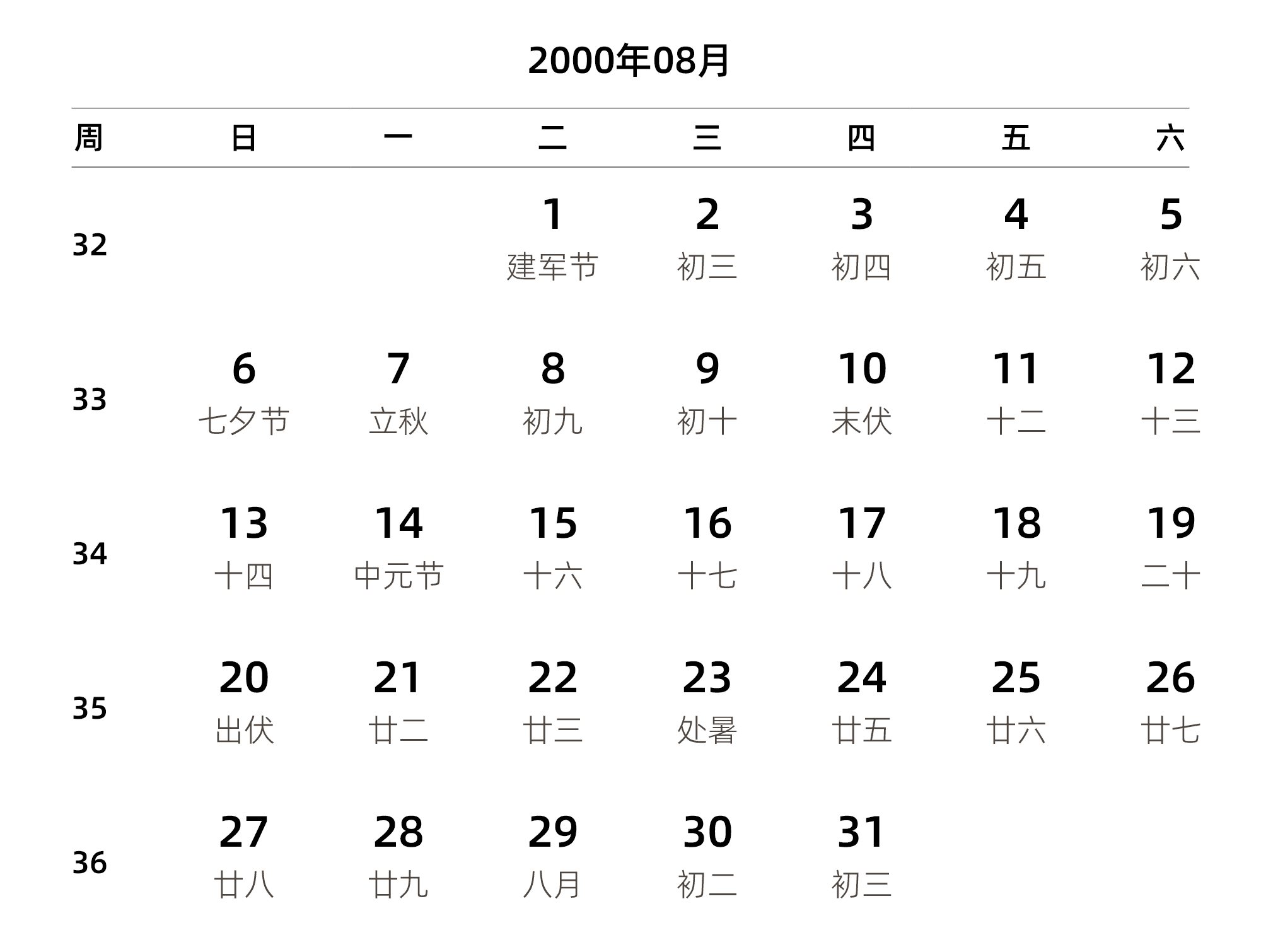 中文版 周日开始 带周数 带农历 带节假日调休安排