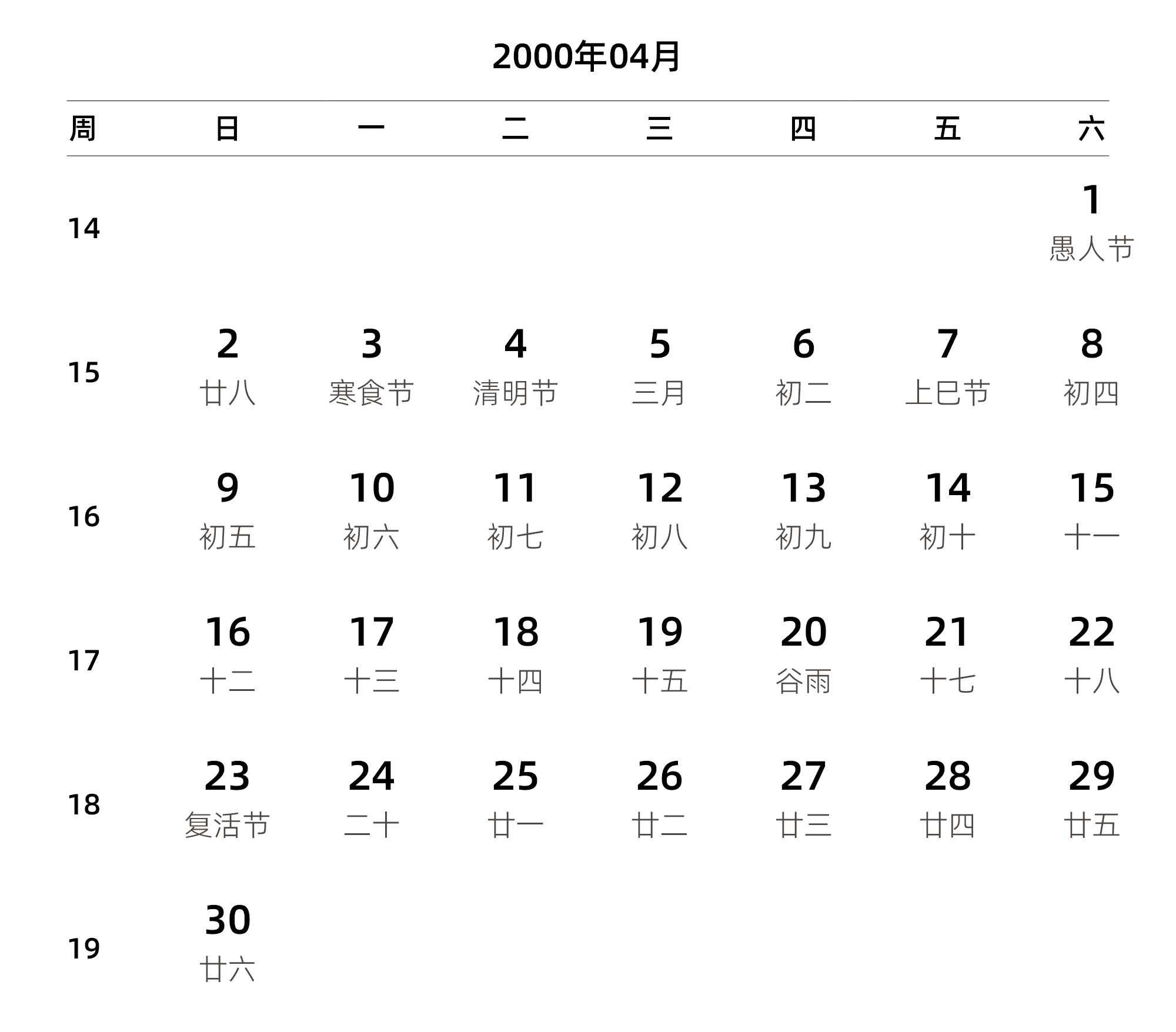 中文版 周日开始 带周数 带农历