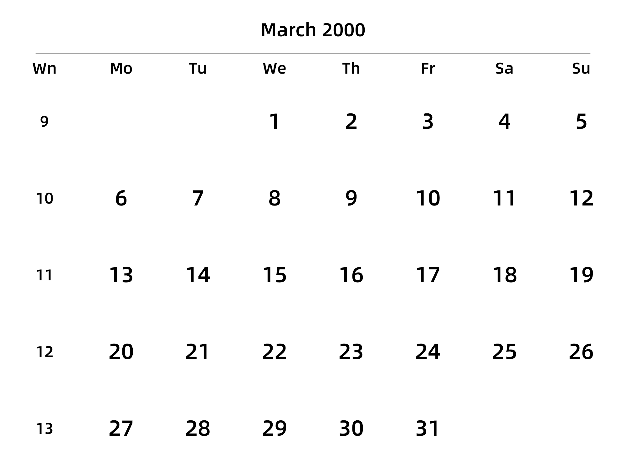 英文版 周一开始 带周数