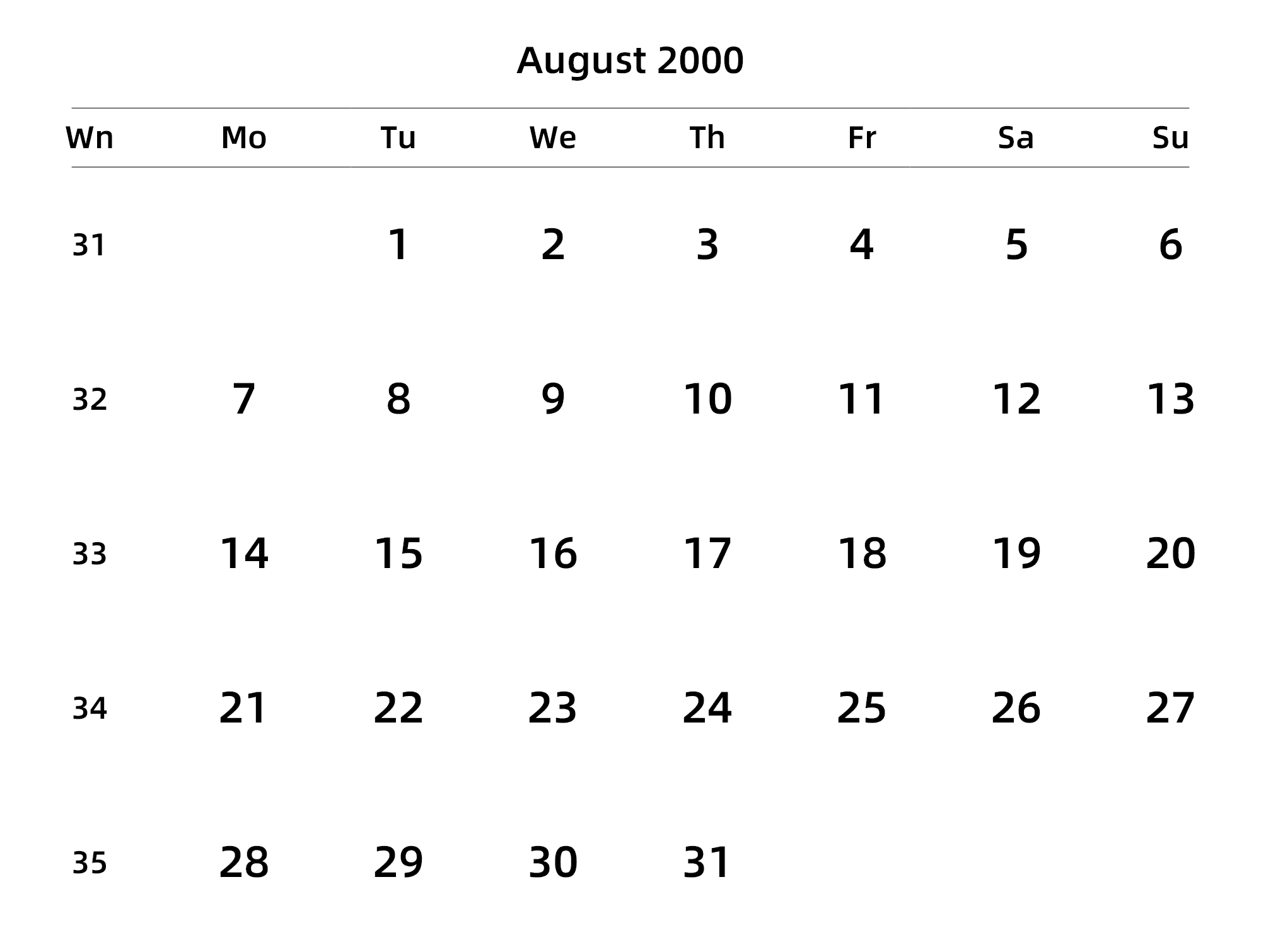 英文版 周一开始 带周数