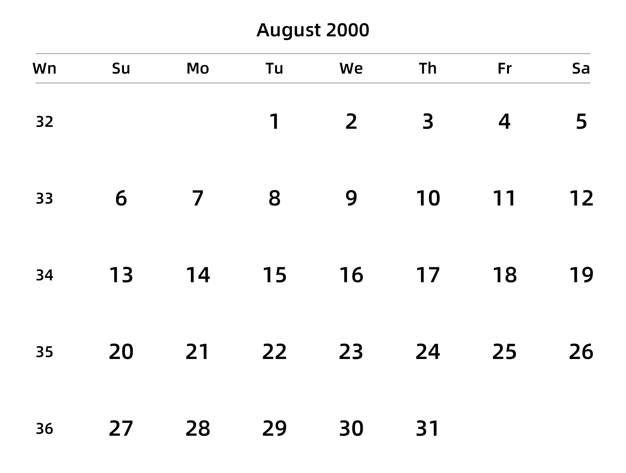 英文版 周日开始 带周数