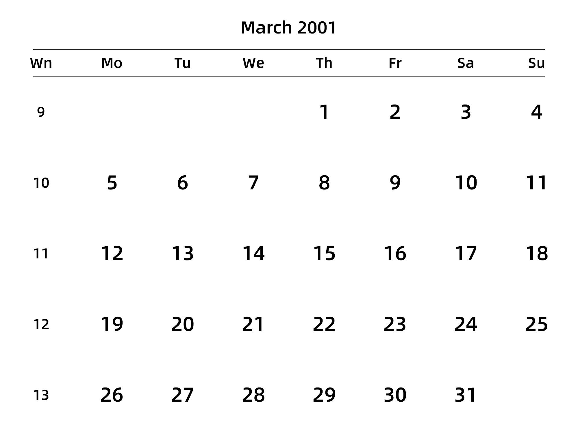 英文版 周一开始 带周数