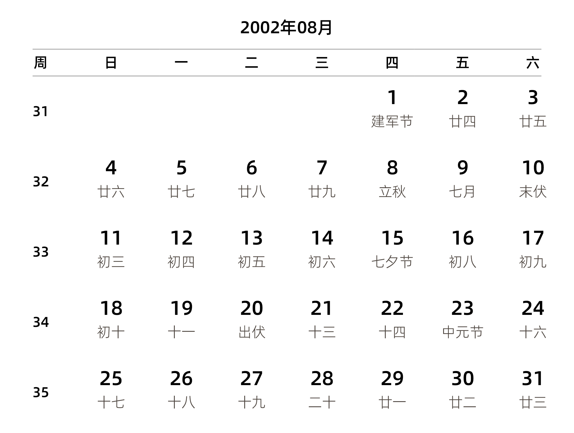 中文版 周日开始 带周数 带农历 带节假日调休安排