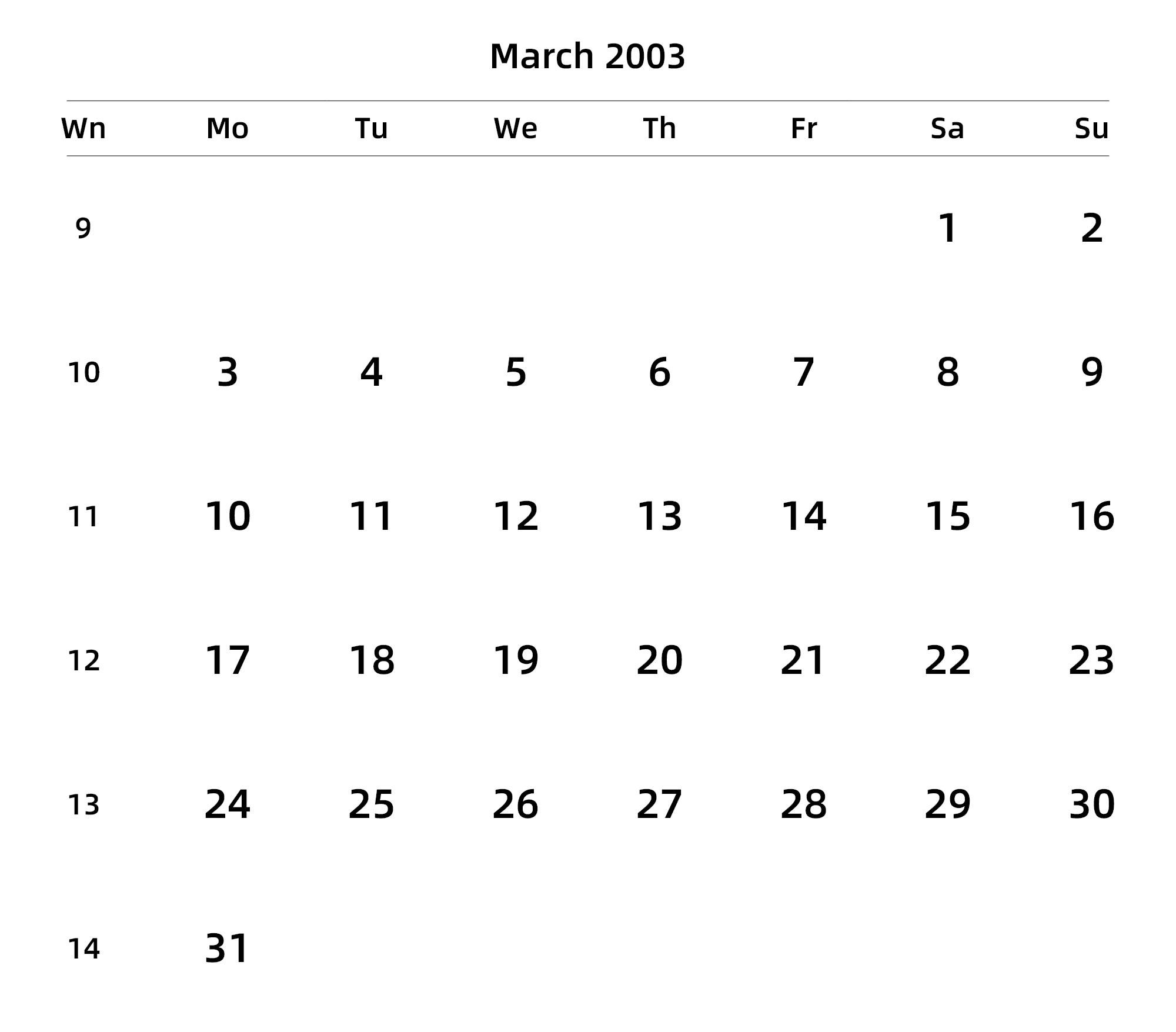 英文版 周一开始 带周数