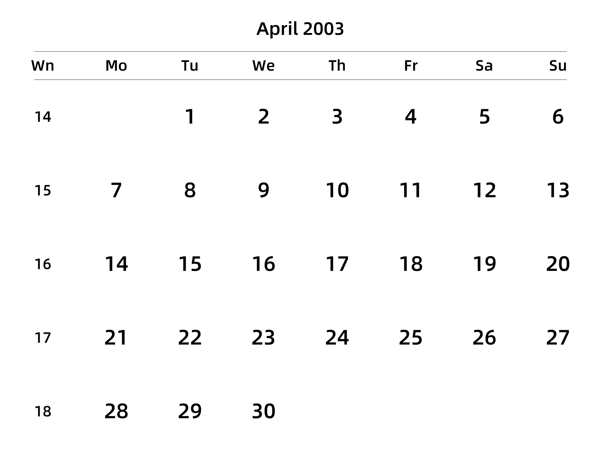 英文版 周一开始 带周数