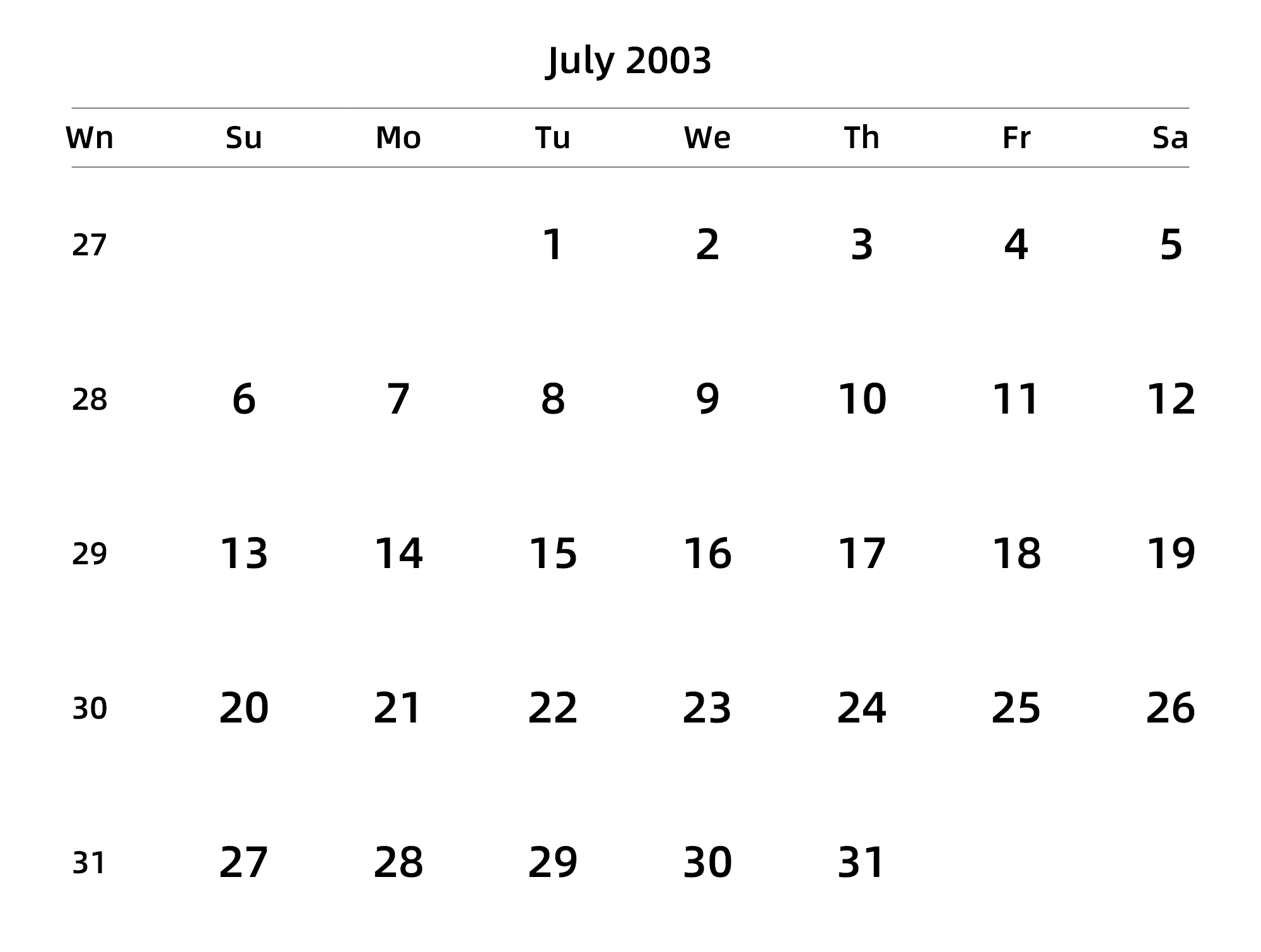 英文版 周日开始 带周数