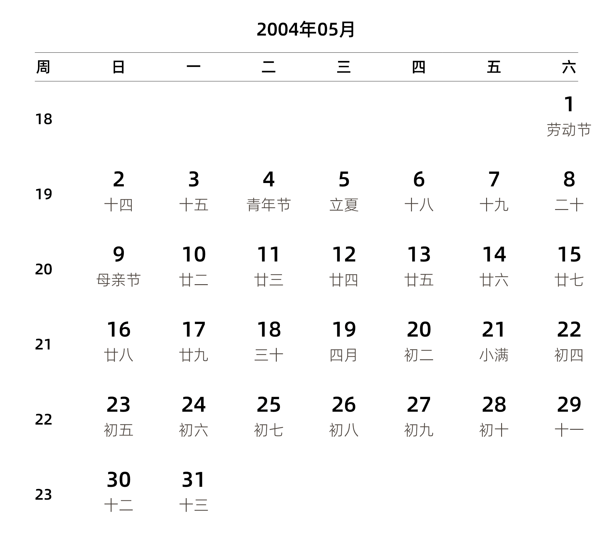 中文版 周日开始 带周数 带农历