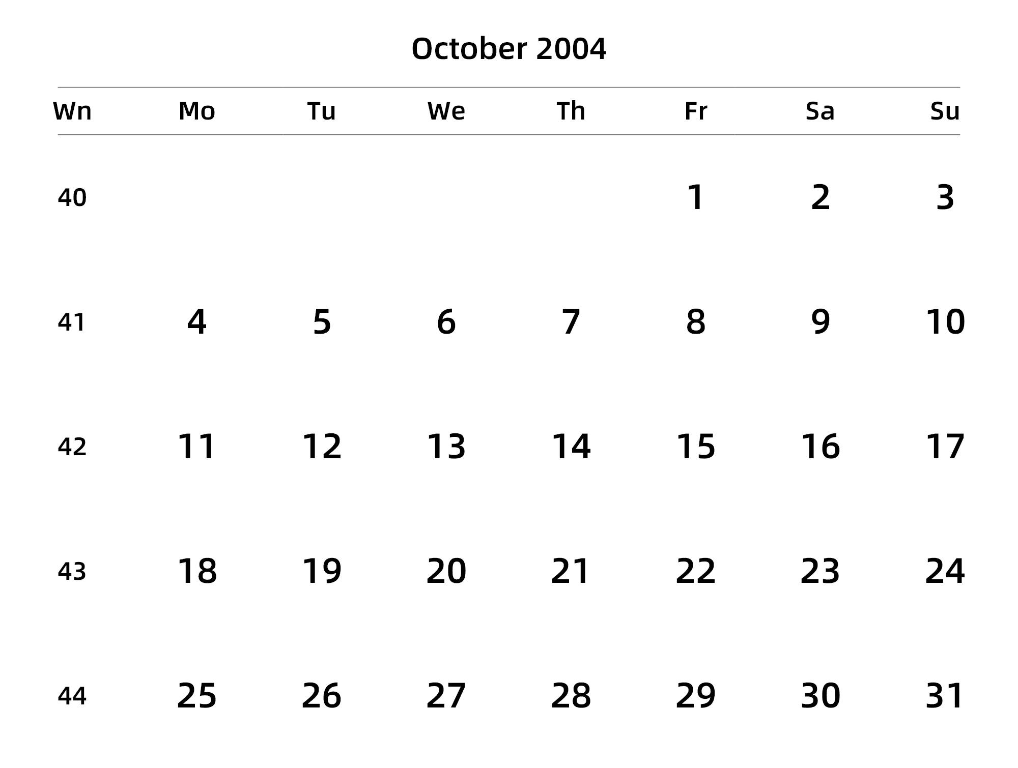 英文版 周一开始 带周数