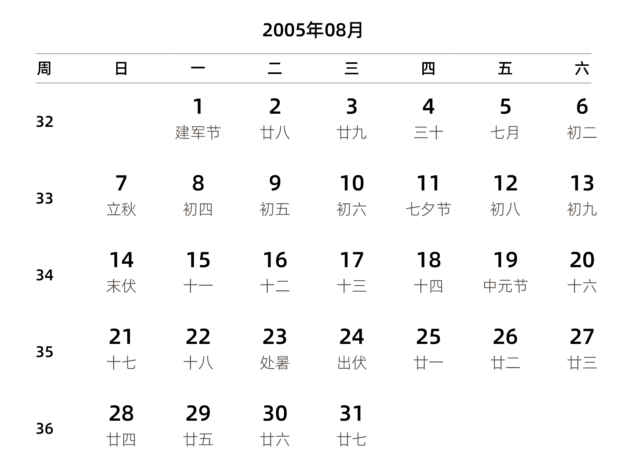 中文版 周日开始 带周数 带农历