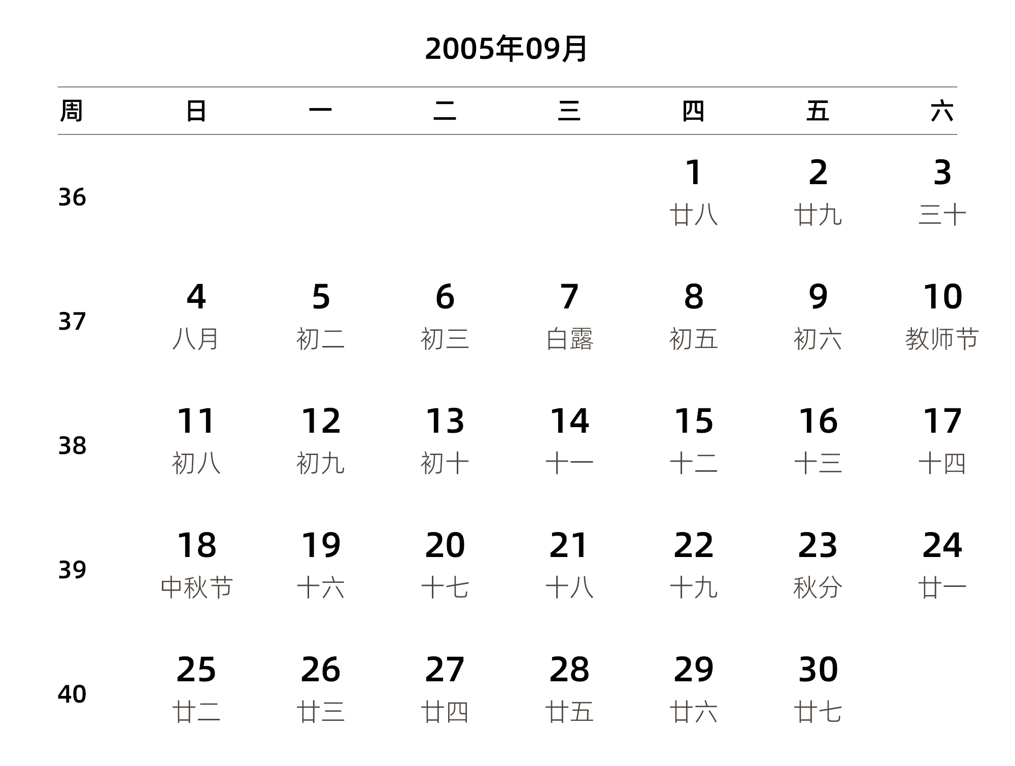 中文版 周日开始 带周数 带农历