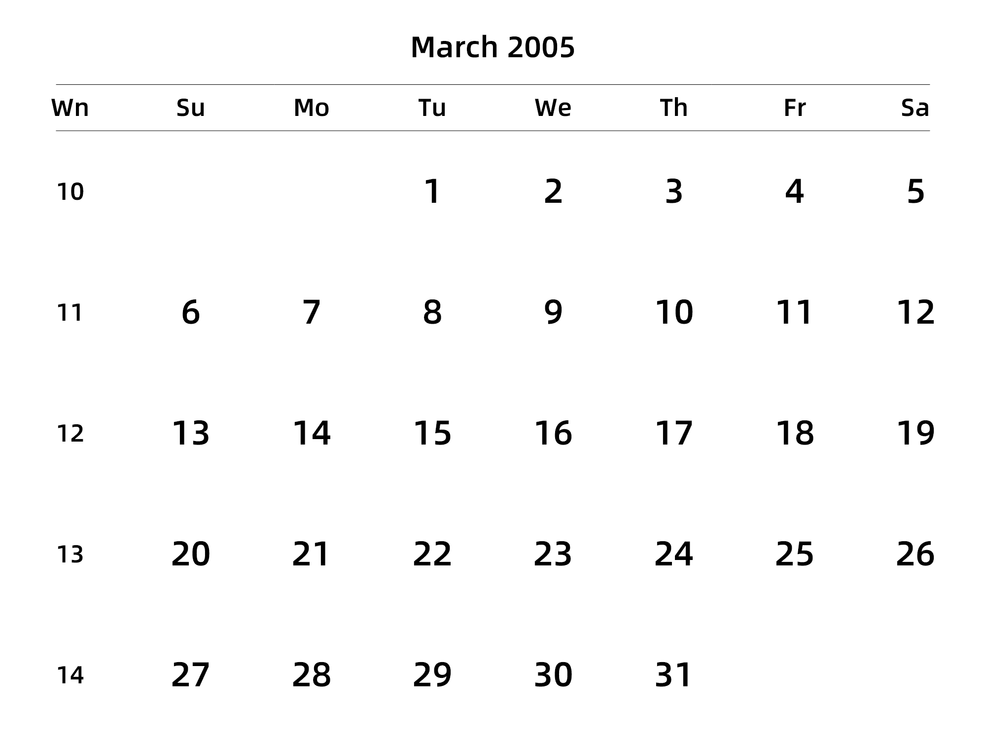 英文版 周日开始 带周数
