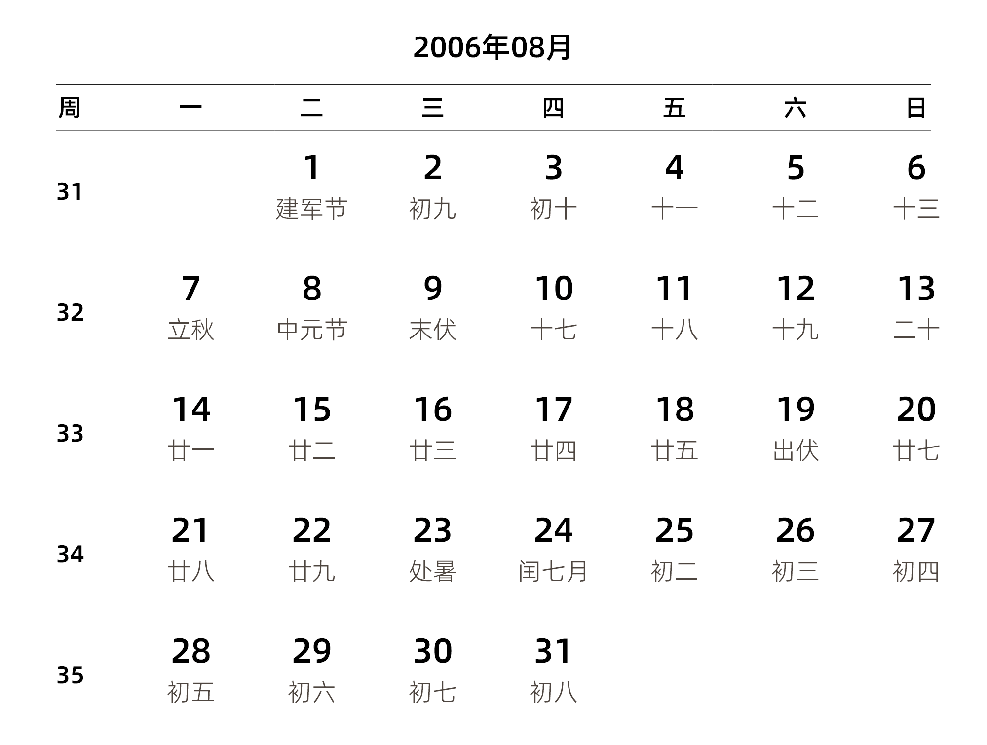 中文版 周一开始 带周数 带农历 带节假日调休安排