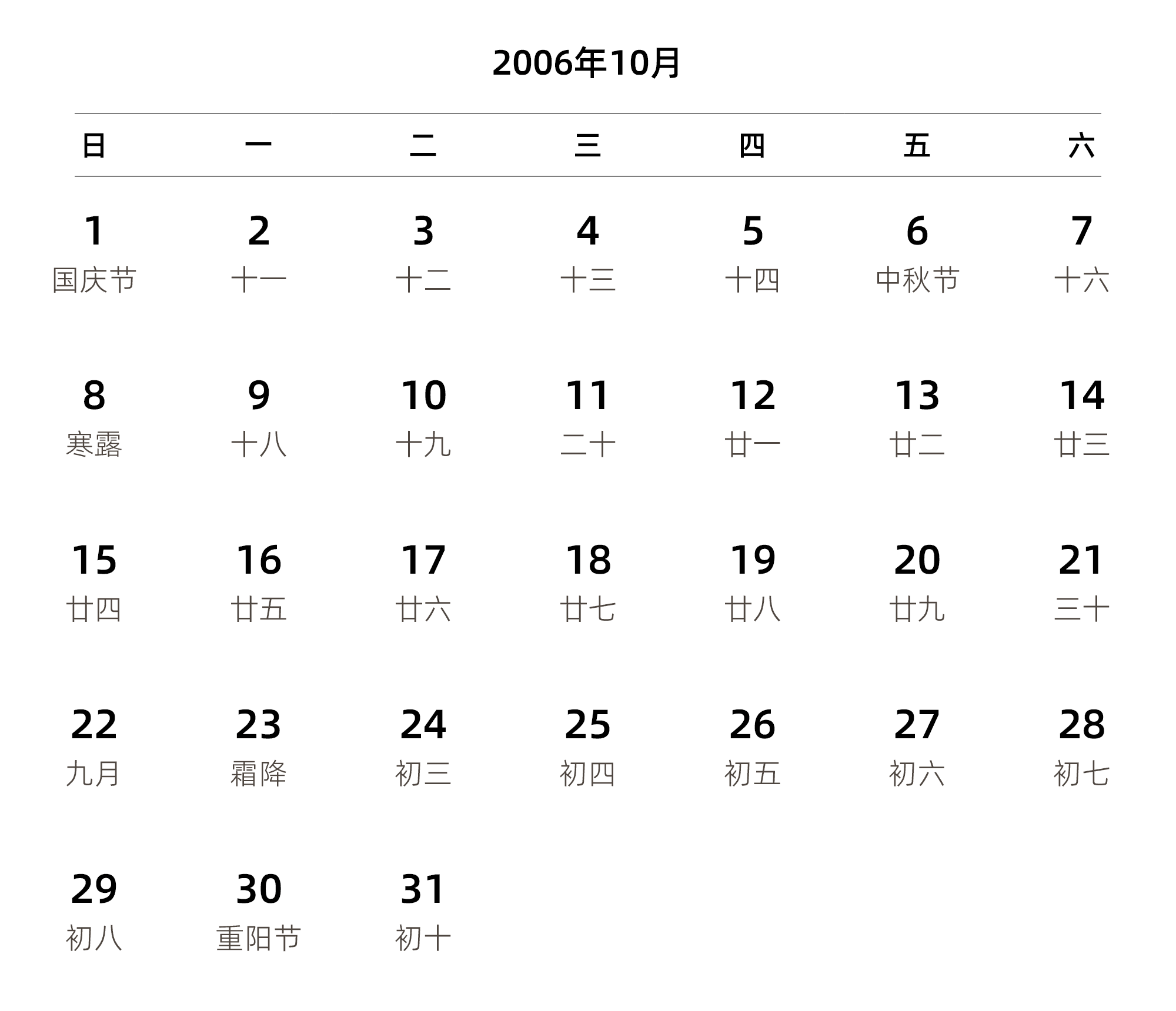 中文版 周日开始 带农历
