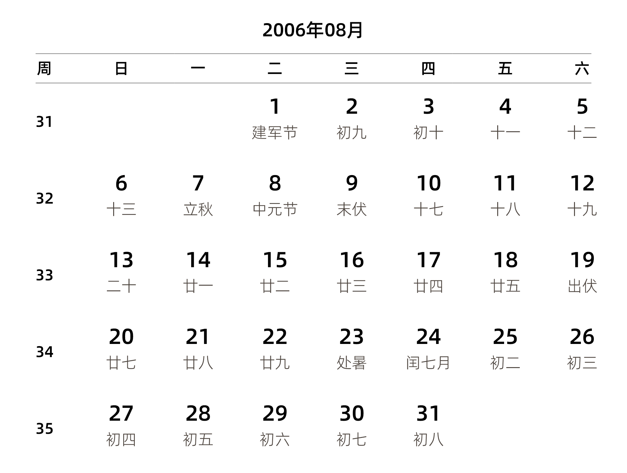 中文版 周日开始 带周数 带农历