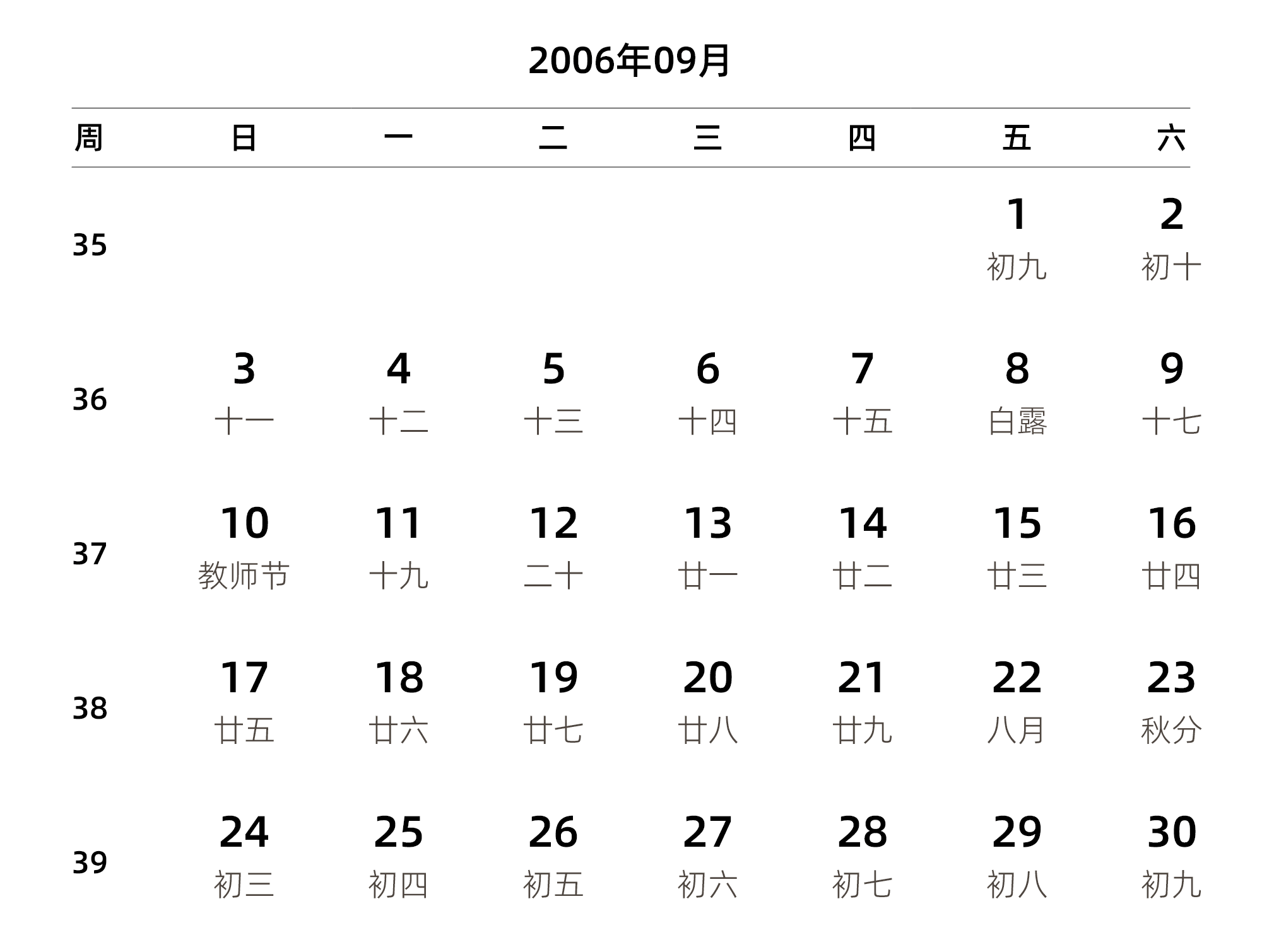 中文版 周日开始 带周数 带农历