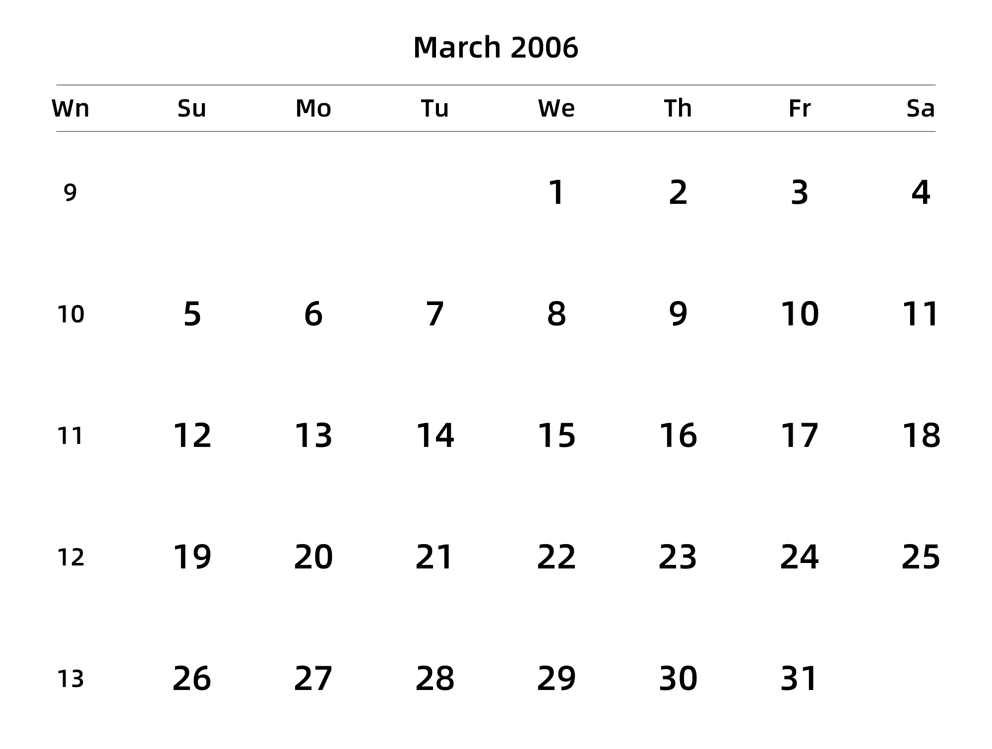 英文版 周日开始 带周数