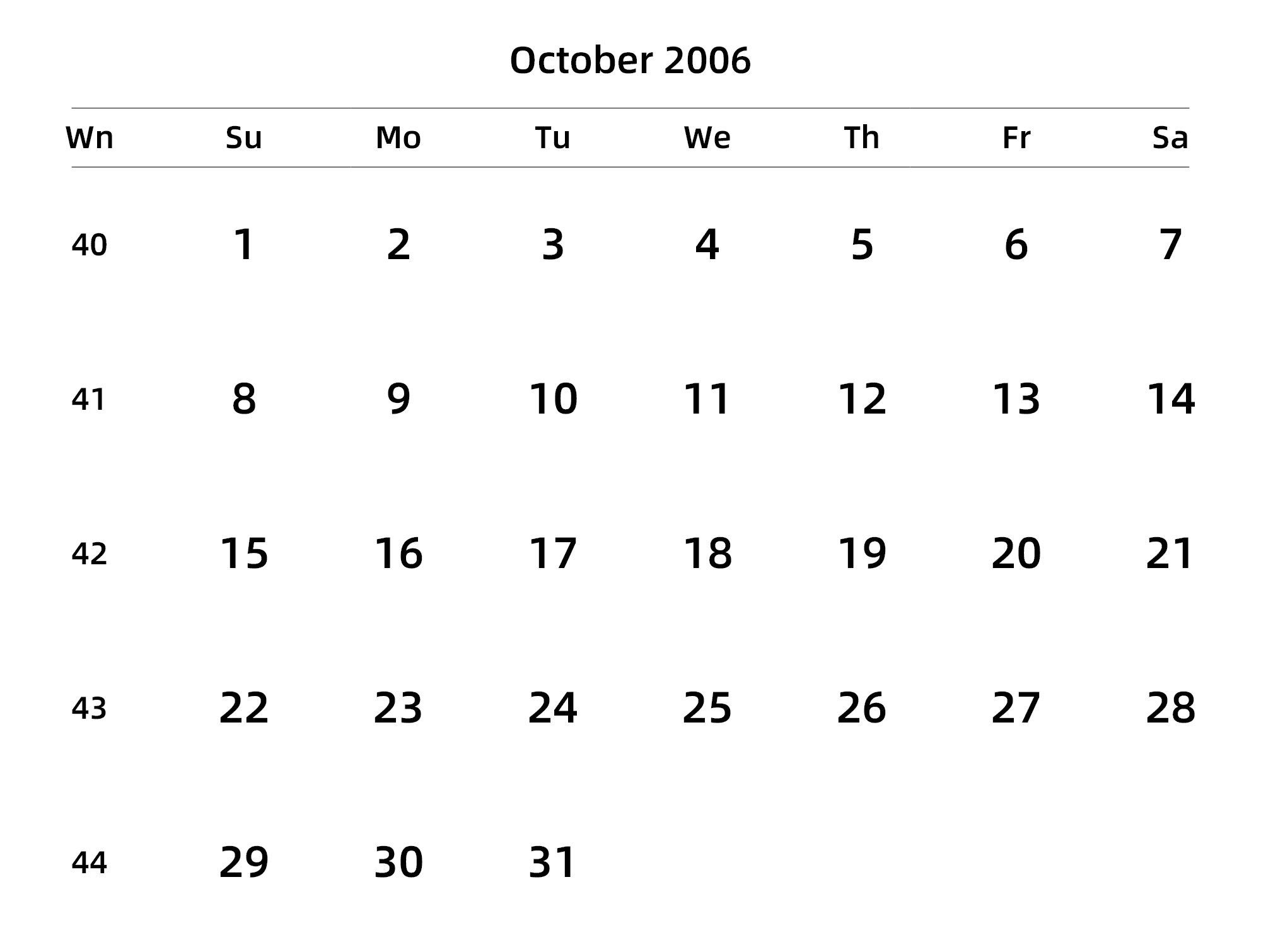 英文版 周日开始 带周数