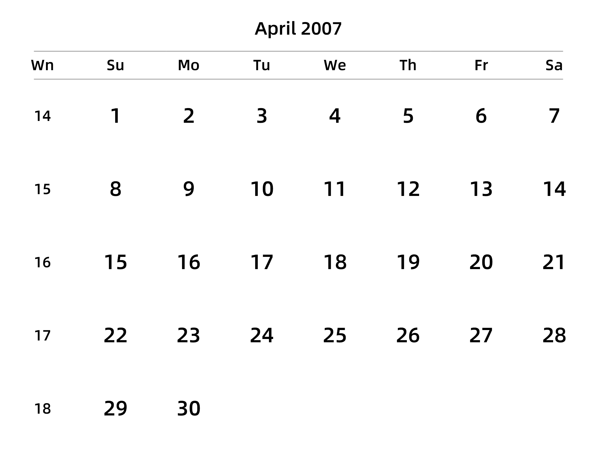 英文版 周日开始 带周数