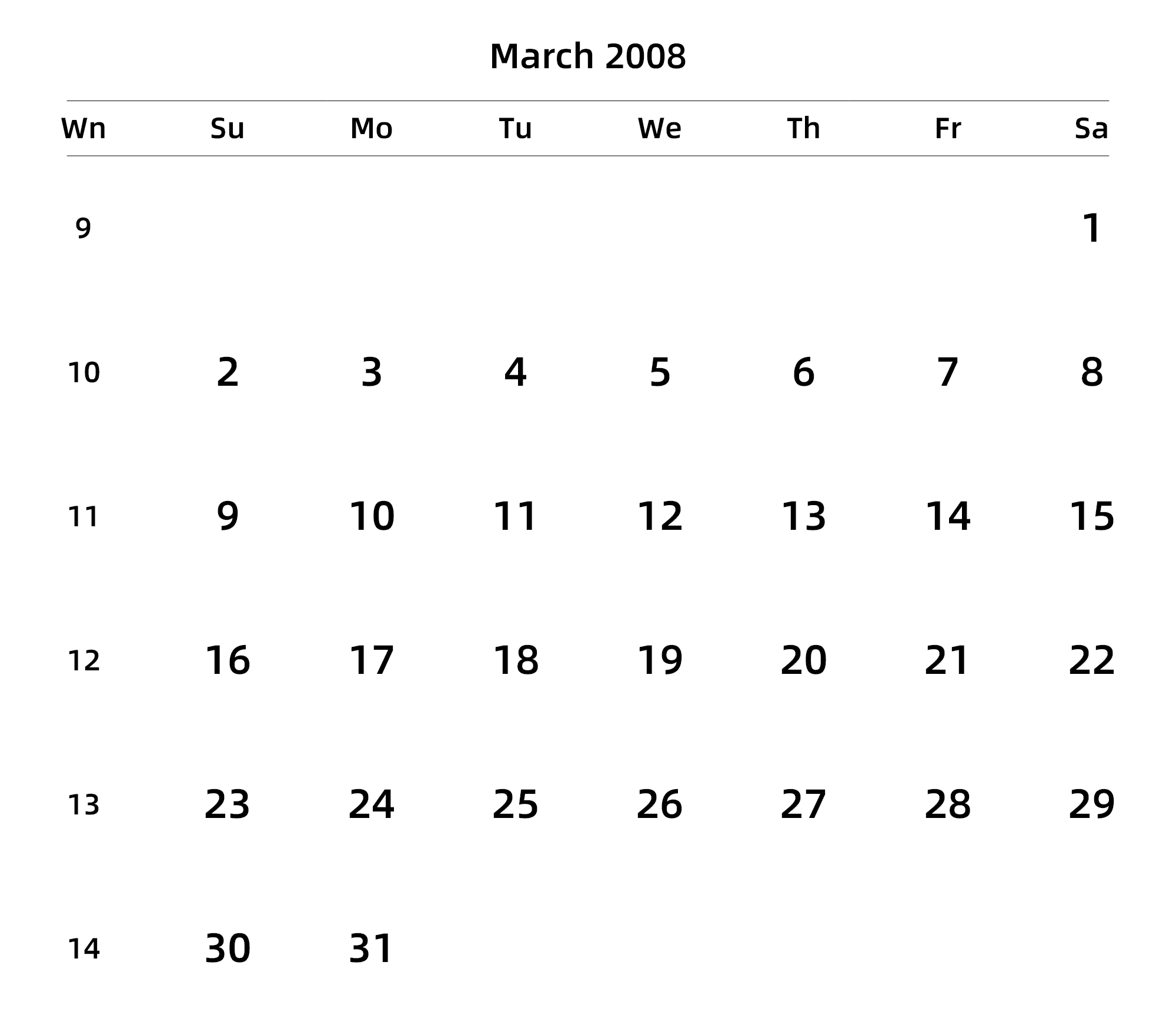 英文版 周日开始 带周数