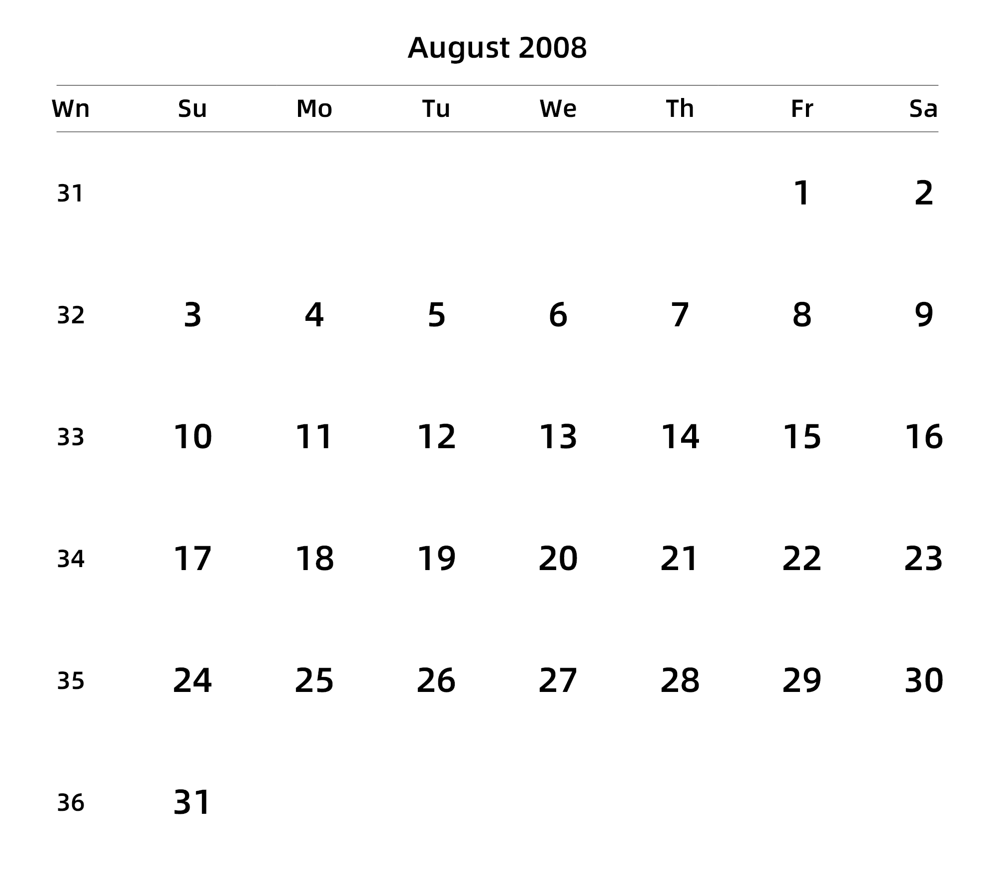 英文版 周日开始 带周数