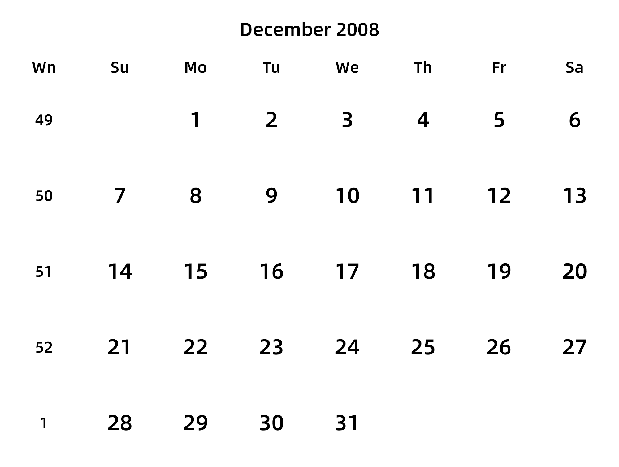 英文版 周日开始 带周数