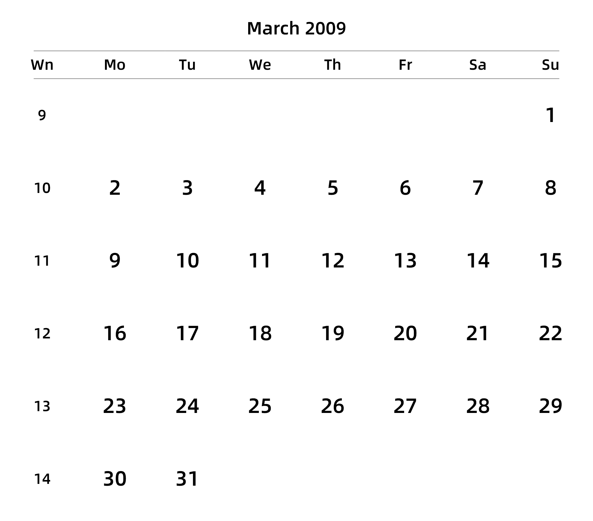 英文版 周一开始 带周数