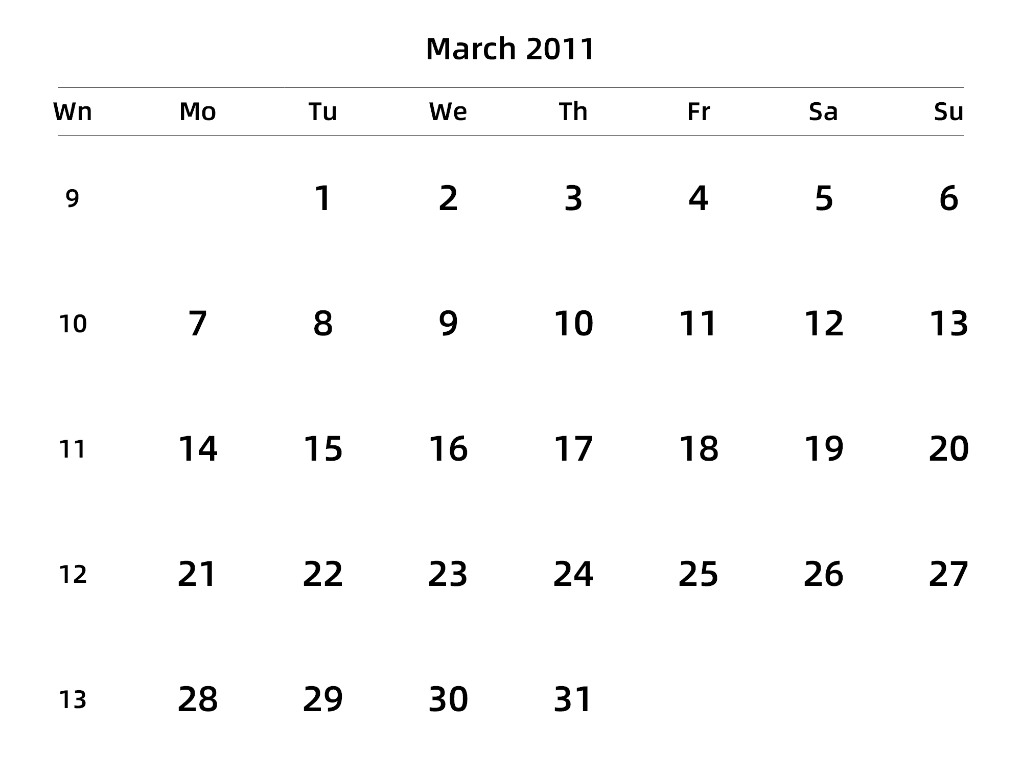 英文版 周一开始 带周数