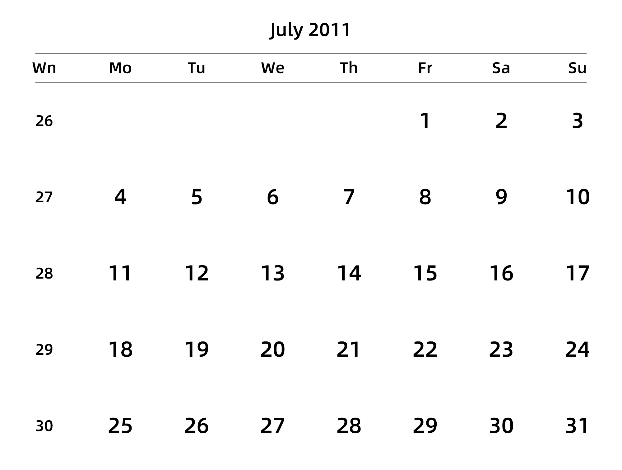 英文版 周一开始 带周数