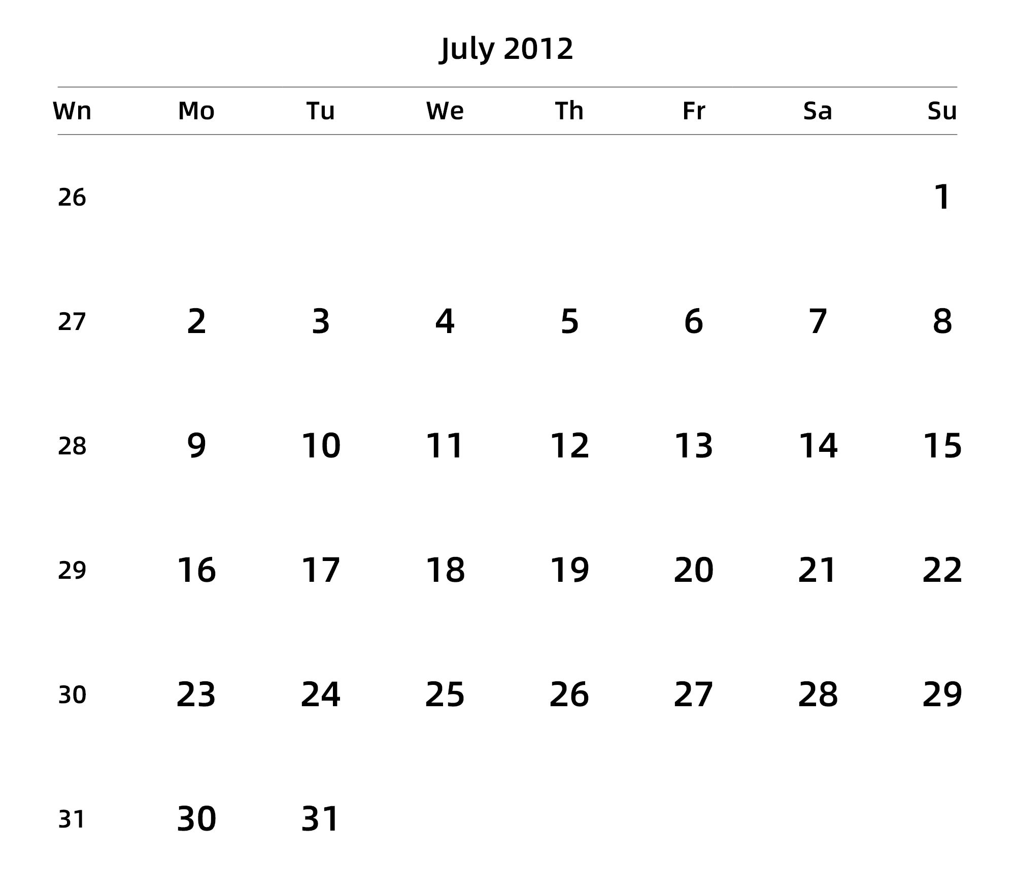 英文版 周一开始 带周数