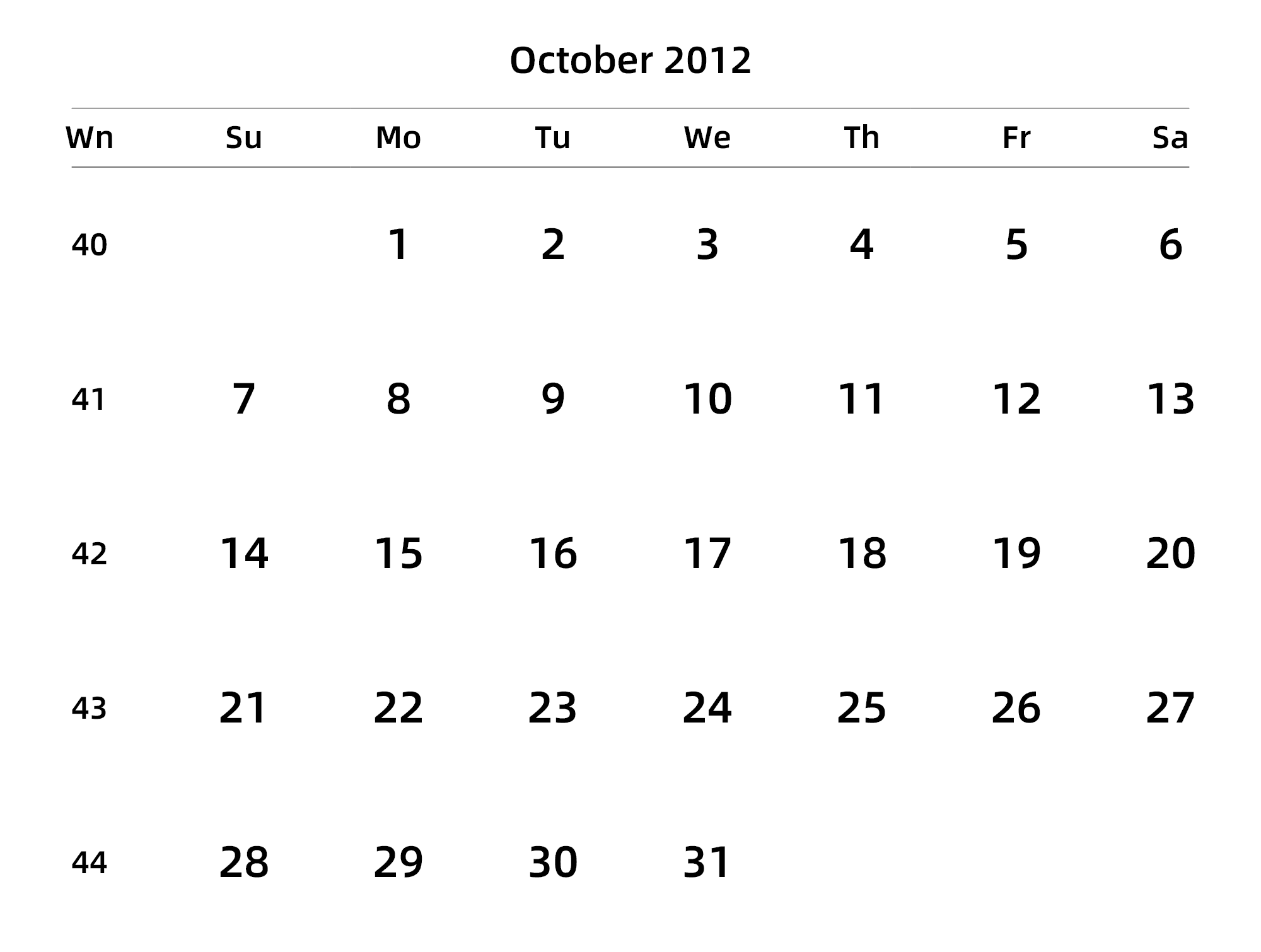英文版 周日开始 带周数