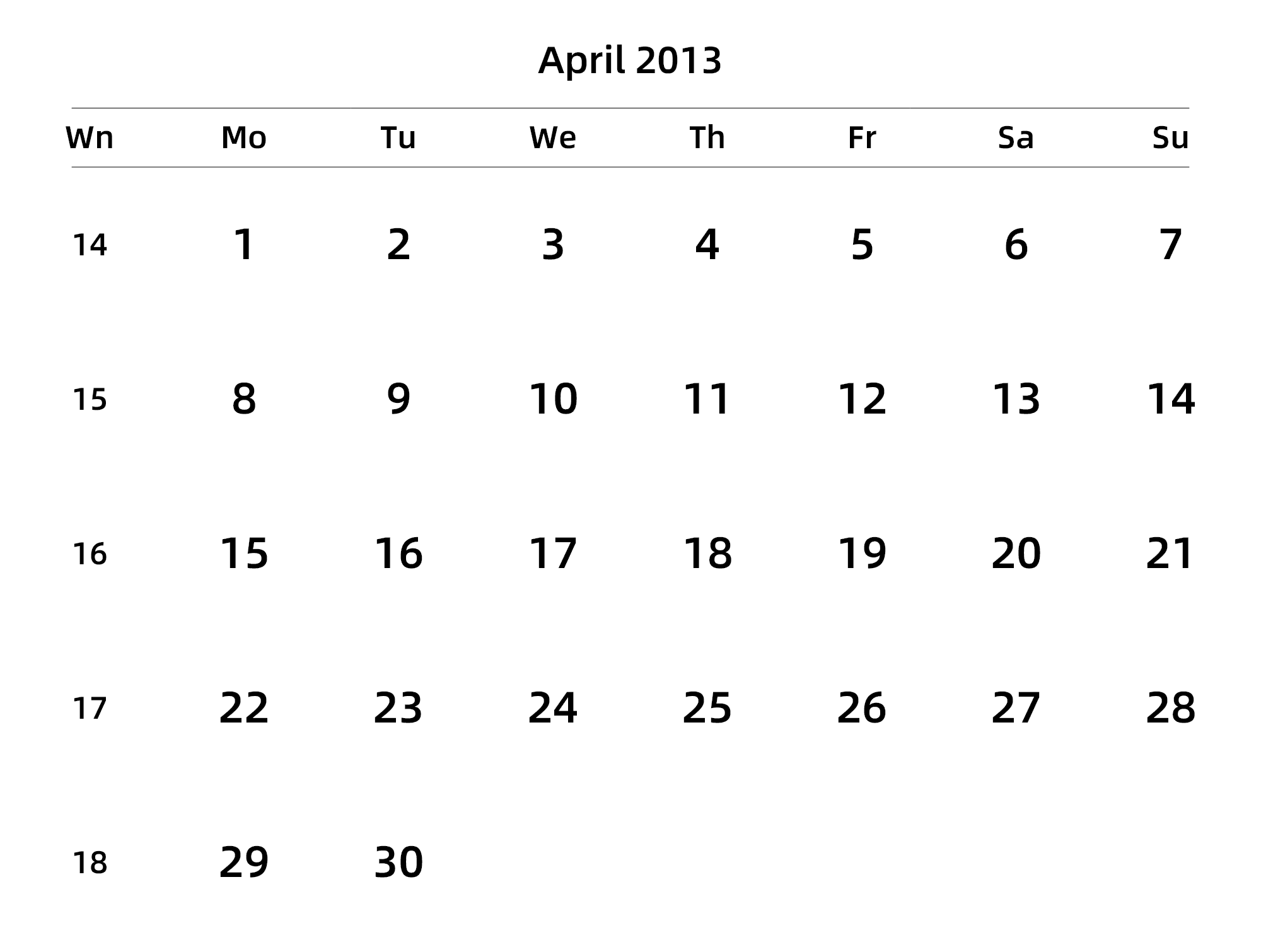 英文版 周一开始 带周数