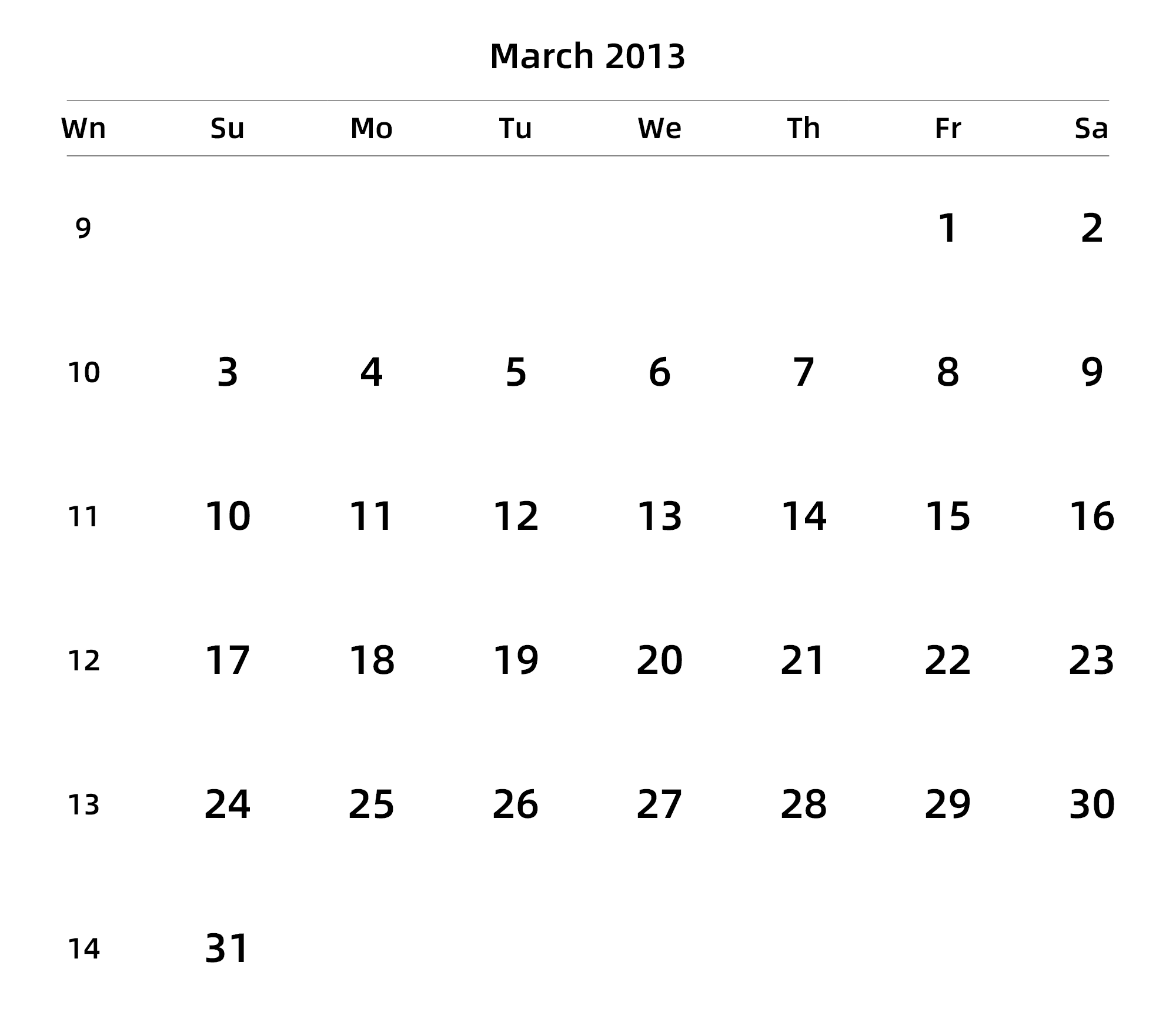 英文版 周日开始 带周数