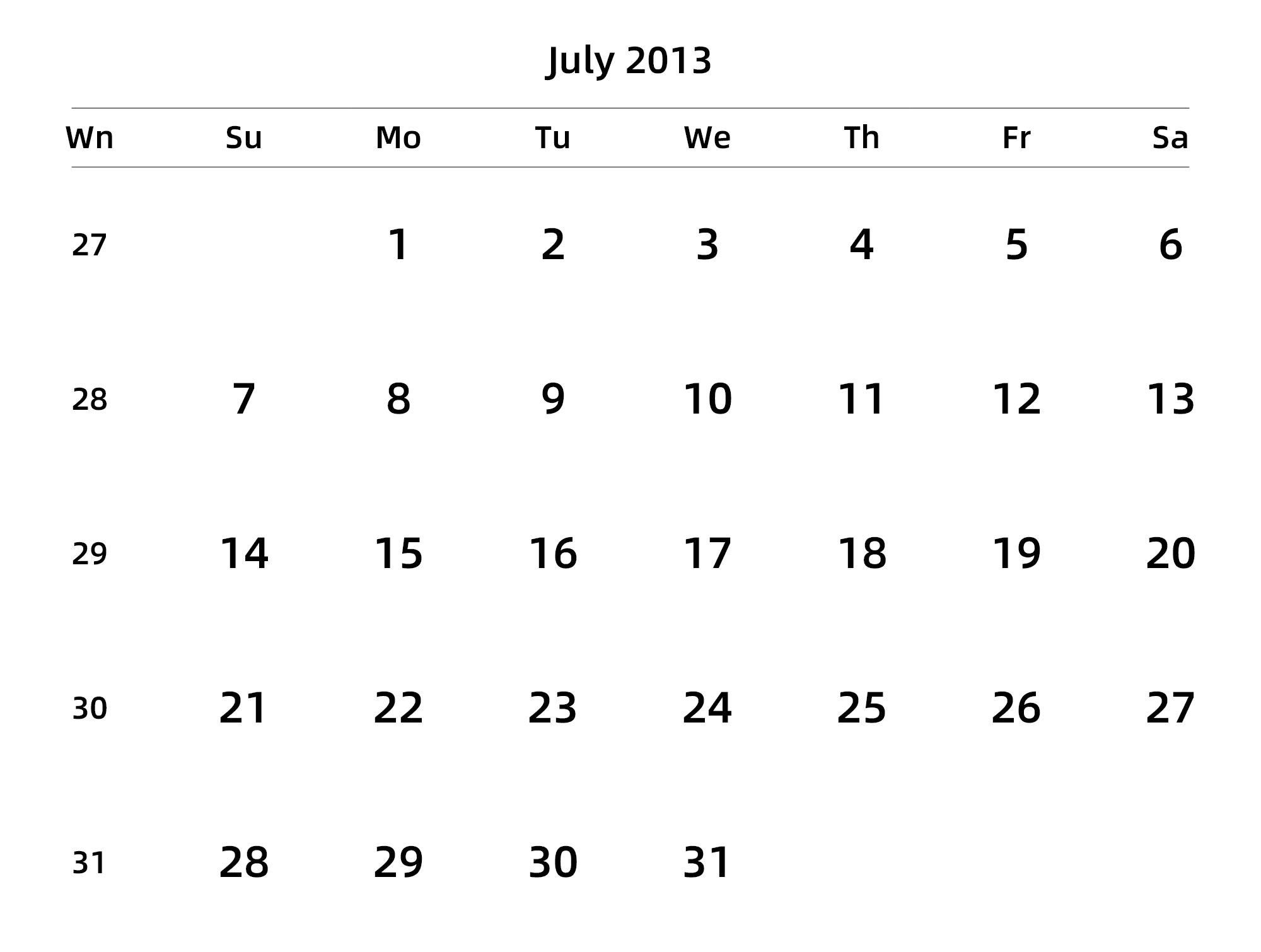 英文版 周日开始 带周数