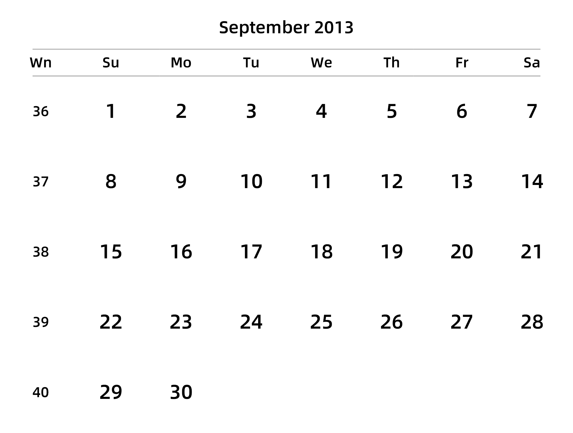 英文版 周日开始 带周数