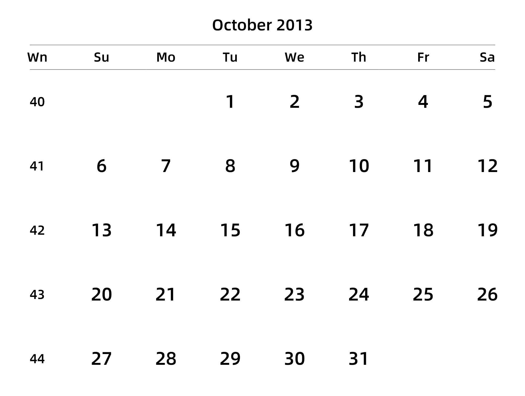 英文版 周日开始 带周数