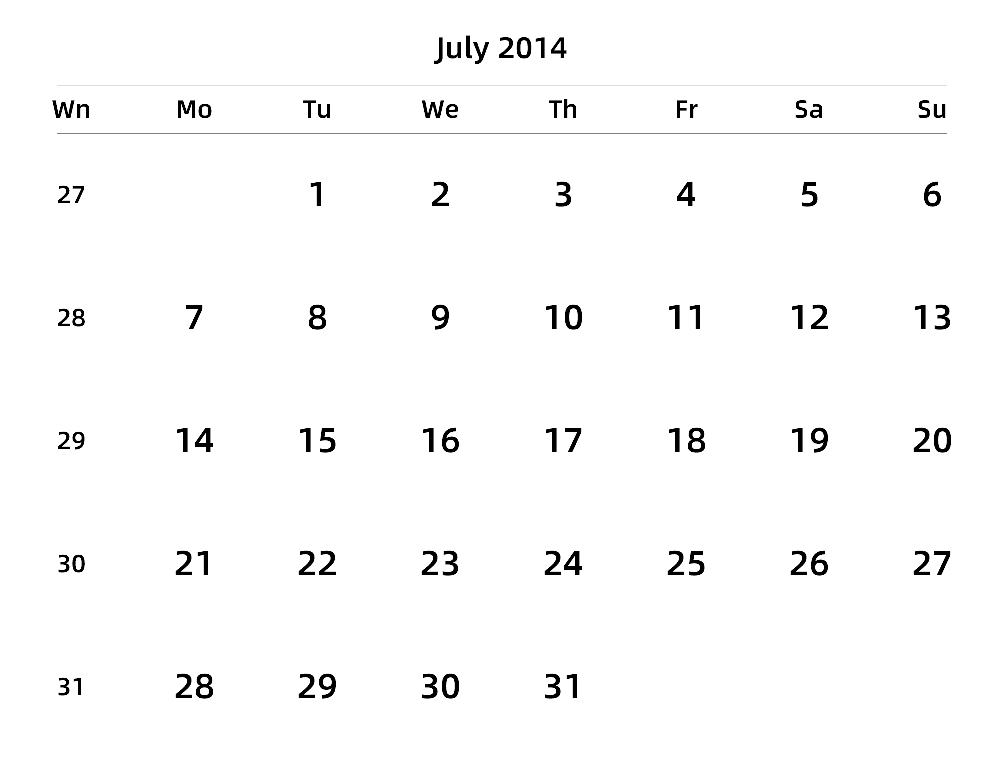 英文版 周一开始 带周数