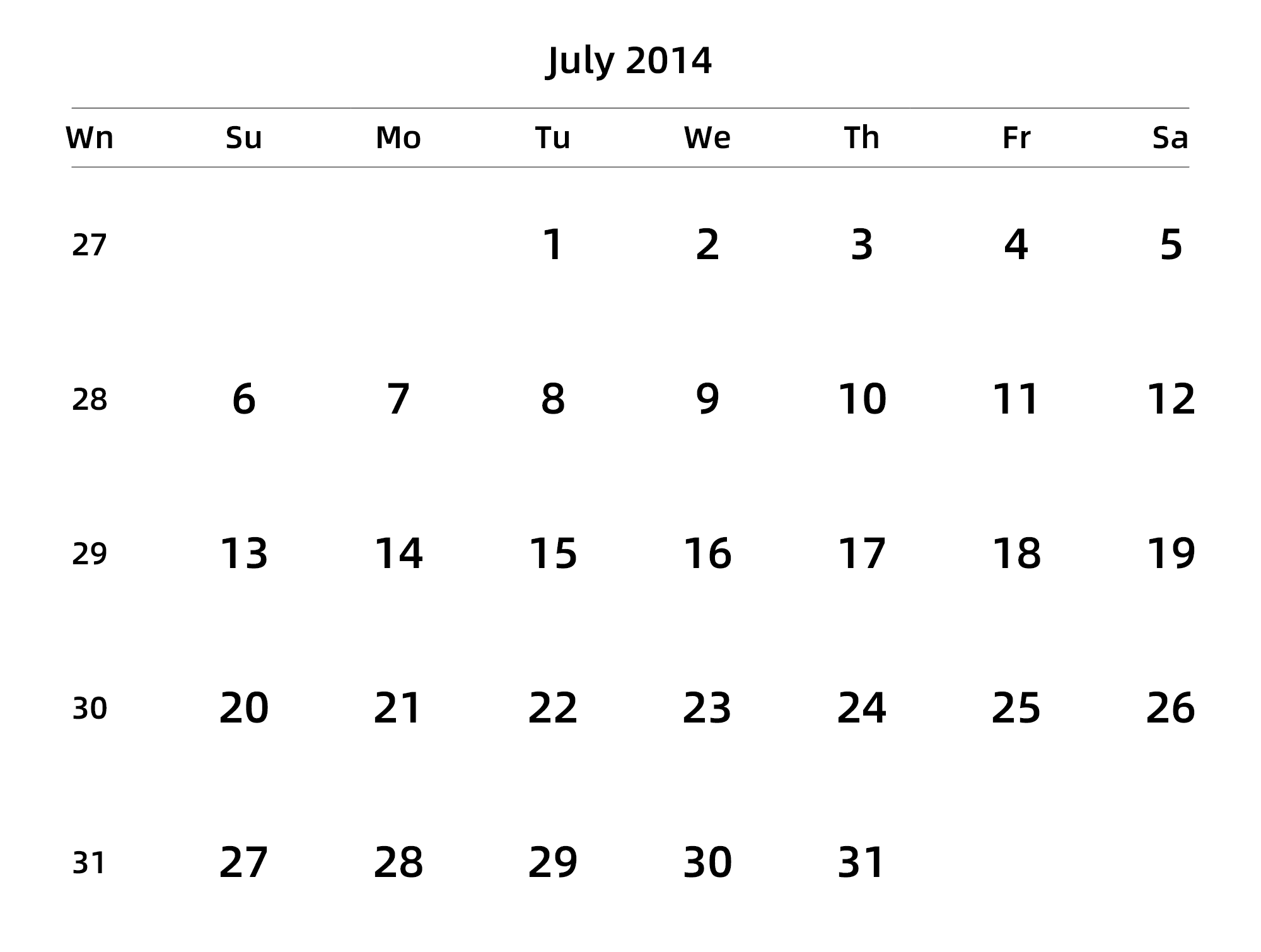 英文版 周日开始 带周数