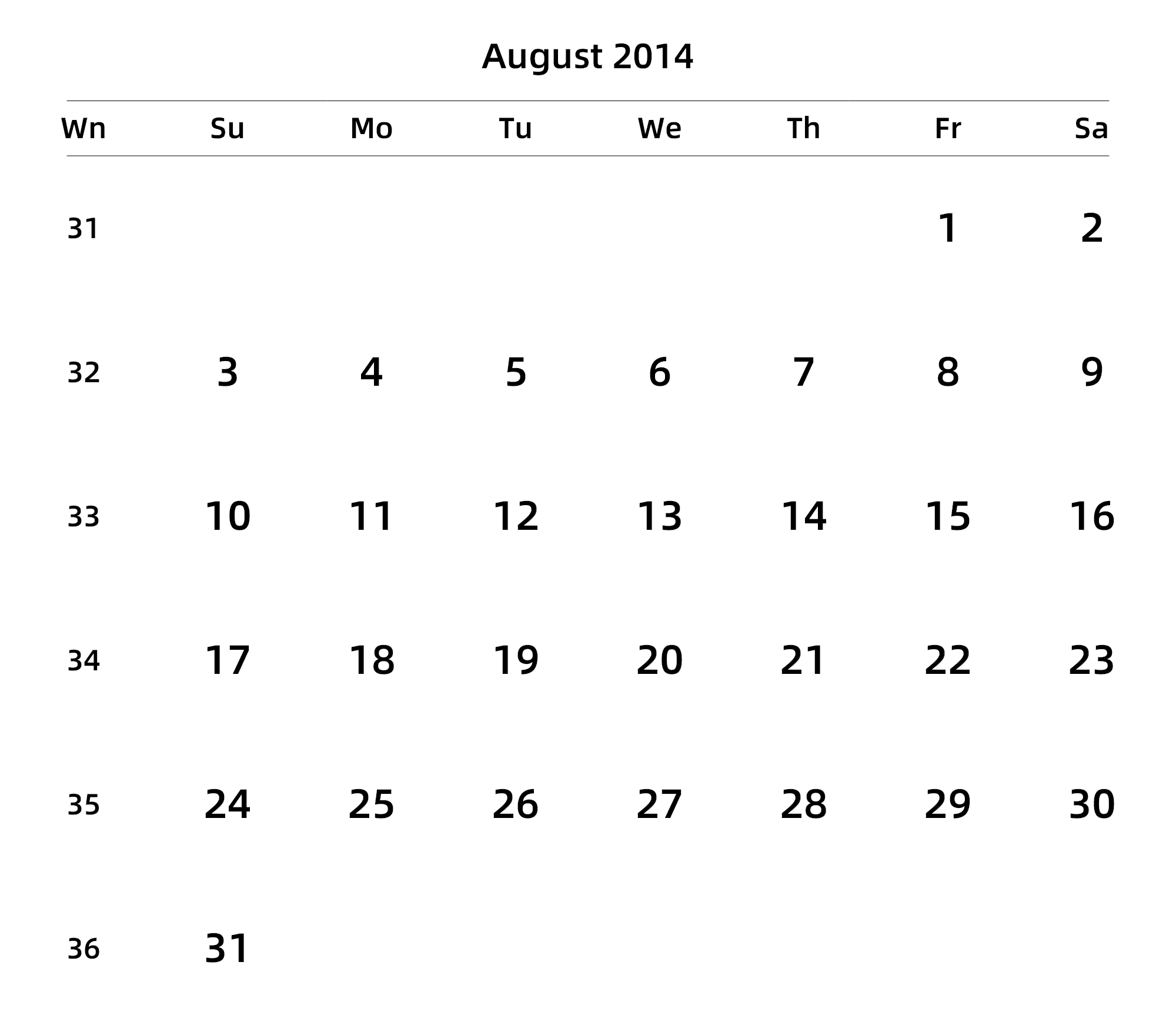 英文版 周日开始 带周数