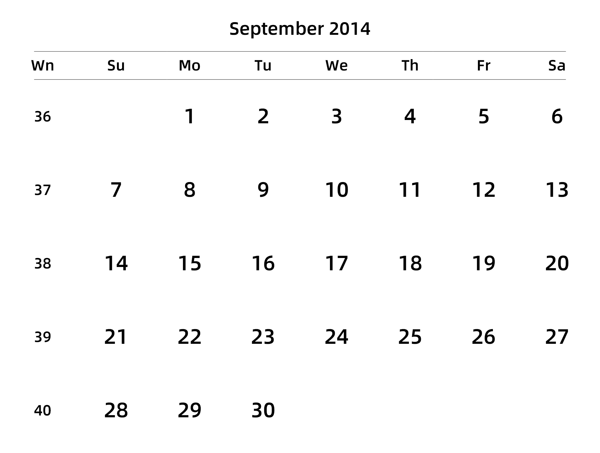 英文版 周日开始 带周数