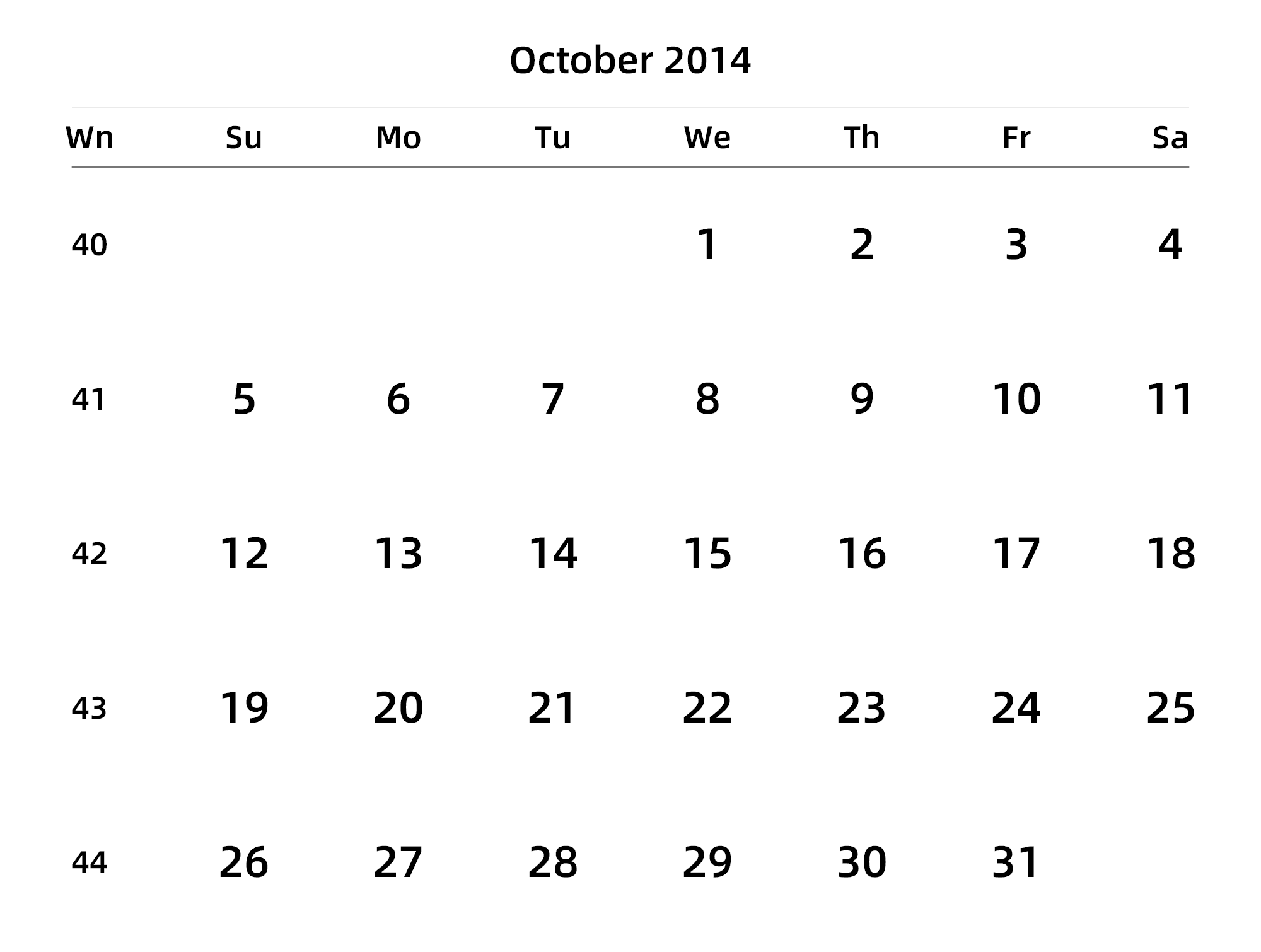 英文版 周日开始 带周数